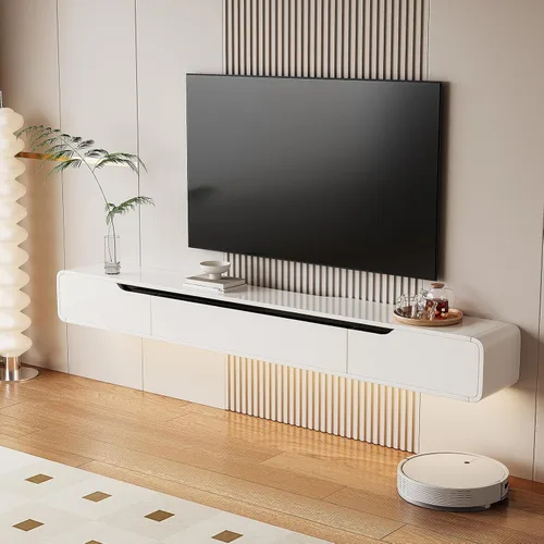 Miniatura 10 de FurniNova Soporte de TV flotante de alto brillo con 3 puertas, mueble de TV de 47'' montado en pared, consola bajo TV, estante de medios flotante