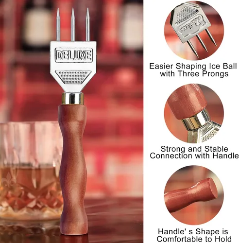 Miniatura 6 de Juego de 2 palillos de hielo de tres puntas, palillo de hielo de acero inoxidable con mango de madera antideslizante, herramienta de camarero