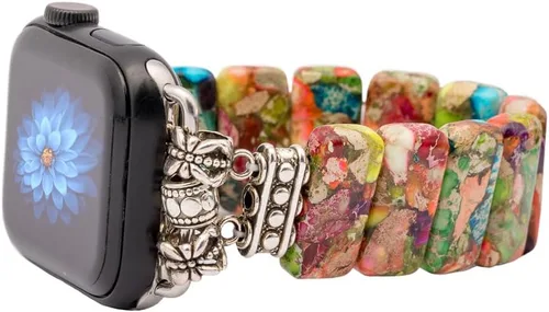 Miniatura 10 de Natural Stone Imperial Jasper Bracelet Beaded-Bands Compatibe with iWatch Series11 10 9 8 7 6 5 4 3 2 1, Handmade Elastic Stretch Beaded Strap For