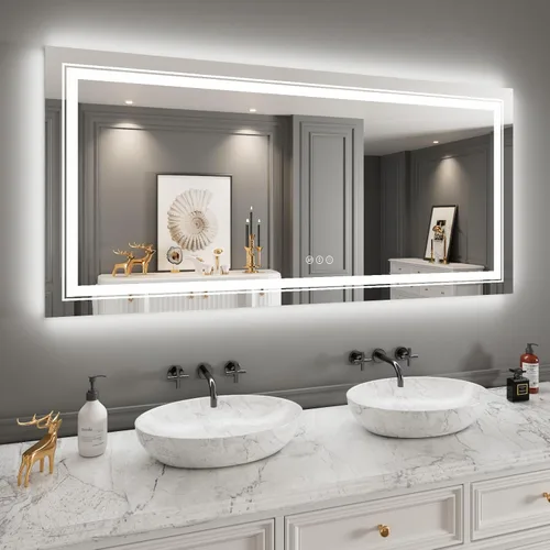 Miniatura 86 de Snowdool Espejo LED de baño, 32 x 32 pulgadas con luz frontal y retroiluminada, antivaho, espejo de tocador de baño para pared, función de memoria