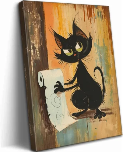 Divertido Arte de Pared de Baño de Gato Negro en Lienzo Arte de Pared de Gato Abstracto con Imagen de Papel Higiénico Decoración de Pared Póster de