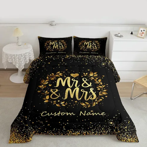 Miniatura 5 de Juego de ropa de cama personalizado con lentejuelas negras y doradas, tamaño individual, edredón de corazón dorado con purpurina para mujeres