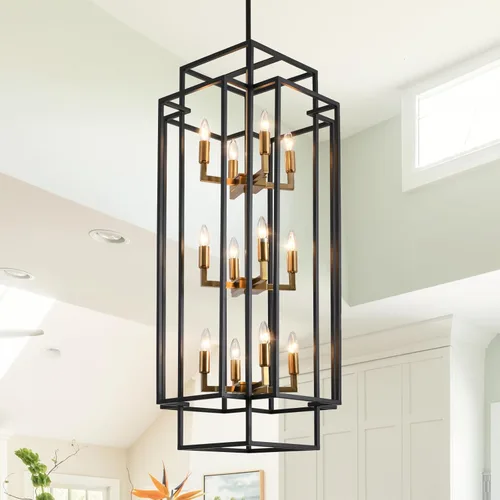 Miniatura 11 de Candelabro de techo alto para vestíbulo: 8 luces de granja para entrada, lámparas colgantes grandes industriales para entrada, escalera, pasillo
