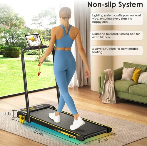 Miniatura 5 de Walking Pad with Incline Portable Treadmill with Handle Bar for Home Office Under Desk Use Small Space Treadmill Amarillo con manillar