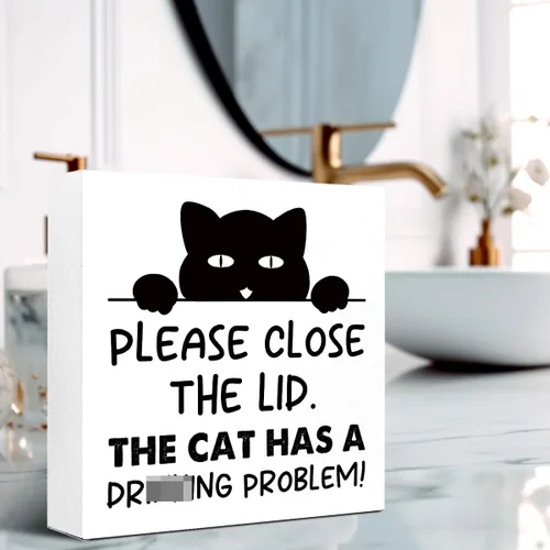 Miniatura 5 de LVQHI Divertidos carteles de madera para baño, decoración de escritorio de baño, decoración de escritorio de baño, cierre la tapa, el gato tiene un