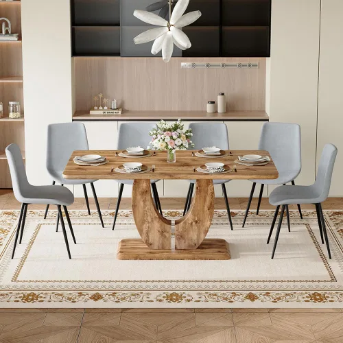 Miniatura 23 de Juego de mesa de comedor moderno para 4, mesa de cocina de madera de 63 pulgadas con 4 sillas tapizadas de gamuza de tela, estilo granja con parte