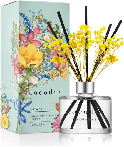 COCODOR Juego de Difusor de Varillas de Junco con Flores / 6.7 oz / Eucalipto Limón / Difusor de Aroma con Varillas Fragancia para el Hogar Difusor