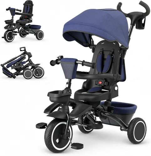 Miniatura 9 de Triciclo 8 en 1 para niños, cochecito de triciclo plegable con asiento reversible, varilla de empuje ajustable y toldo, bicicleta triciclo