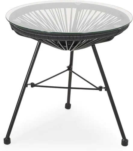 Great Deal Furniture Christina - Mesa auxiliar moderna de ratán sintético para exteriores con parte superior de vidrio templado, color negro