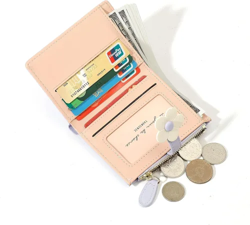 Miniatura 46 de MEISEE Billetera pequeña para niñas y mujeres, billetera de tres pliegues, bolsillo para efectivo, con estampado de flores, monedero con ventana