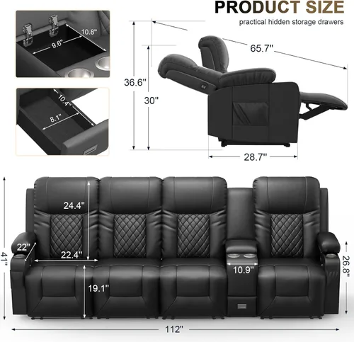 Miniatura 2 de YONISEE Juego de sofá reclinable moderno - Sofá de 4 plazas y 2 sillas reclinables giratorias con calor y masaje para sala de estar (4+1+1)