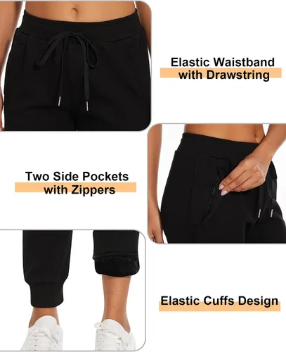 Miniatura 23 de MOUEEY Pantalones deportivos súper cálidos con forro de sherpa para mujer, pantalones deportivos de forro polar con bolsillos con cremallera