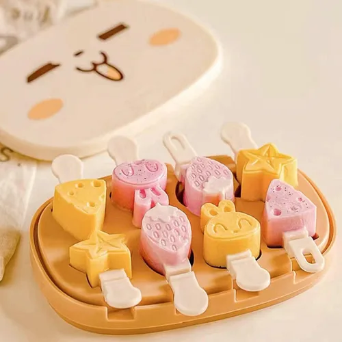 Happy Cute Bear - Juego de 8 moldes para paletas de hielo con palitos, moldes de silicona para hacer cubitos de hielo, moldes para helados,