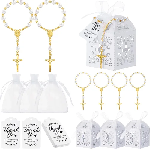 Yinkin Juego de 100 rosarios de bautismo que incluyen mini rosario, cajas de recuerdo de cruz, bolsas de regalo de organza y etiquetas de papel