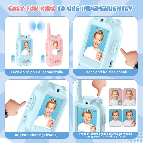 Miniatura 8 de Walkie Talkie de Video para Niños - Paquete de 2 Walkie Talkies Recargables para Niños Radios de Largo Alcance, Video Intercomunicador y Efectos