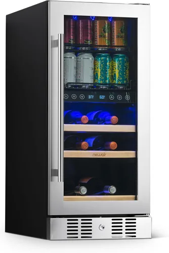 NewAir Refrigerador de bebidas de doble zona de 15 pulgadas y enfriador de vino para 9 botellas y 48 latas, mini refrigerador independiente o