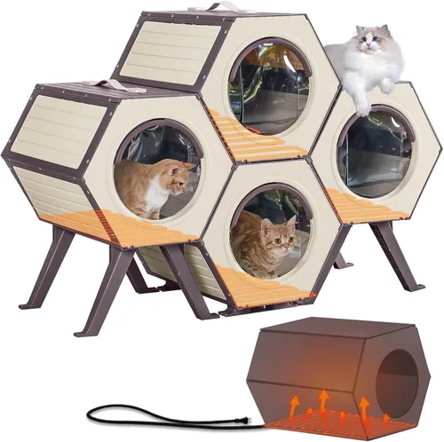 Miniatura 10 de GUTINNEEN Casa para gatos con calefacción expandible para múltiples gatos, aislada para invierno, cálido refugio para gatos con calentador ajustable