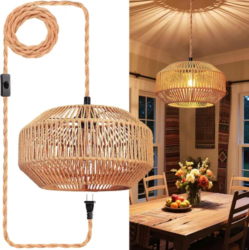 Miniatura 8 de Lámpara colgante de ratán: iluminación colgante de 16.4 pies con cable enchufable, enchufe a toma de pared, interruptor de encendido/apagado