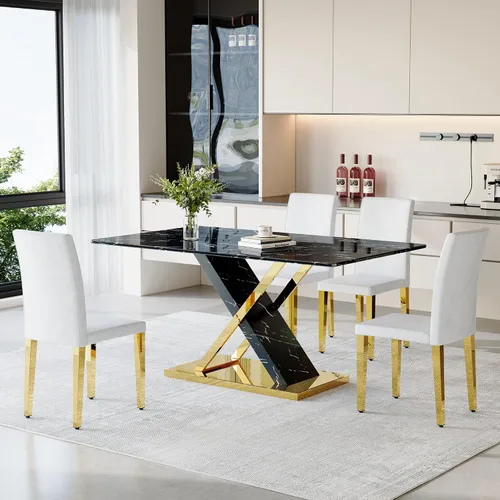 Miniatura 22 de YUNDREAM - Juego de mesa de comedor moderna de mármol para 4, mesa de comedor de oro negro de 63 pulgadas con marco cromado en forma de X y sillas