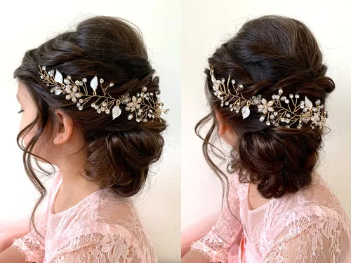 Miniatura 3 de SWEETV - Diadema de niña de flores para boda, pieza de pelo de perlas florales para bebé, diadema dorada para fiesta de cumpleaños, fotografía Dorado