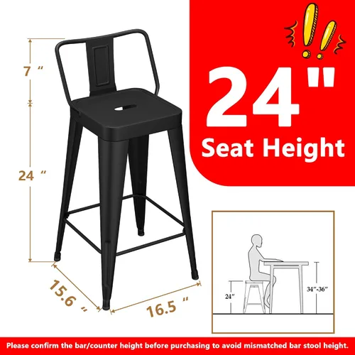 Miniatura 2 de WENTMENT Juego de 4 taburetes de bar de metal, altura de mostrador, color negro, con respaldo extraíble de 24 pulgadas, taburetes de bar de cocina