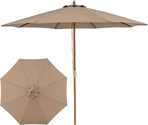 Miniatura 14 de Tangkula Sombrilla de patio de 10 pies, sombrilla de mercado de mesa al aire libre con 8 varillas de madera, 3 alturas ajustables, sistema de polea