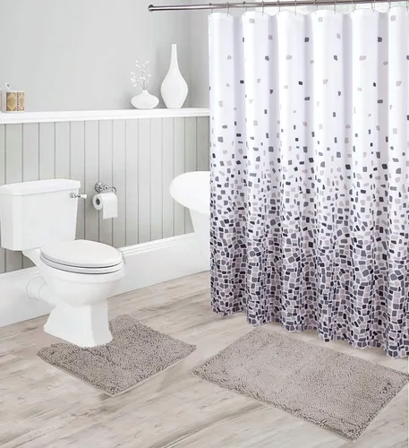 Miniatura 4 de Linen Plus - Juego de baño que incluye tapete de baño de felpilla suave antideslizante, tapete de contorno, cortina de ducha y ganchos de acero