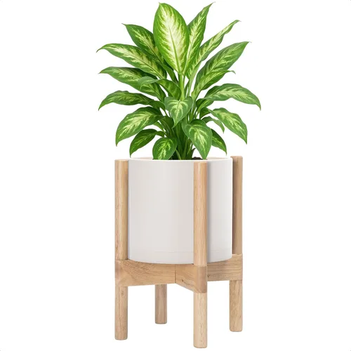 Miniatura 12 de Maceta de D'vine Dev con soporte - Maceta de flores de cilindro de plástico de 8.0 pulgadas con soporte de madera para interiores, maceta mate negra