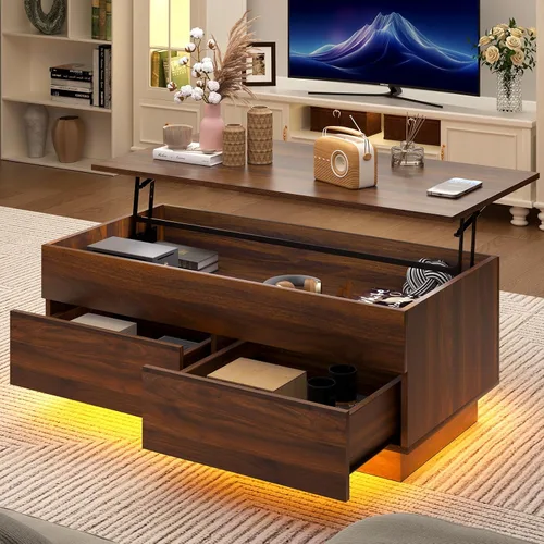 Miniatura 9 de HOMMPA Mesa de centro elevable de 40 pulgadas, mesas de centro negras con almacenamiento para sala de estar, mesa de centro moderna LED, mesa