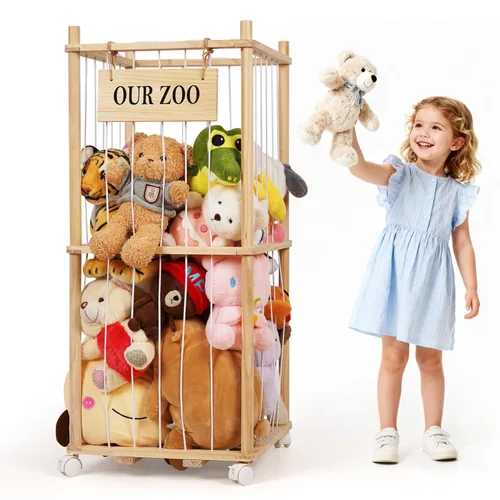 Miniatura 13 de Edudif Almacenamiento de animales de peluche, soporte vertical para animales de peluche de madera, fácil montaje, organizador de juguetes de peluche
