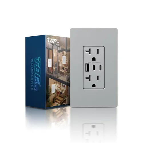 Miniatura 8 de TOPELER - Toma de corriente para montaje en pared con puertos USB 6.0A, dos tomas eléctricas de 20 amperios, tomas y puertos resistentes a la Negro