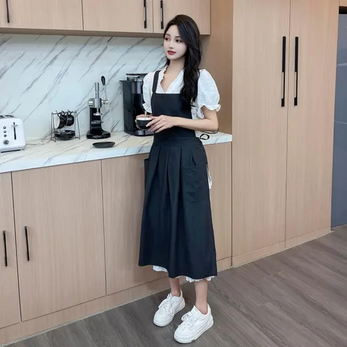 Miniatura 4 de Pinafore - Delantal, de lino y algodón japonés, con espalda cruzada para mujer, con bolsillos, vestido con lazos en la cintura (negro)