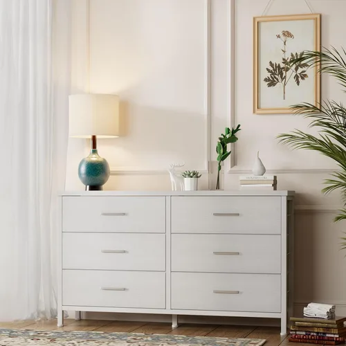 Miniatura 3 de BOLUO Cómoda blanca para dormitorio, 6 cajones, soporte de TV ancho para aparadores de TV de 50 pulgadas y cajoneras de tela para armario moderno
