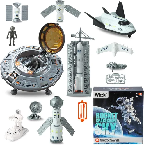 Wbzle Rocket Ship Toy - Juego de juguetes espaciales con OVNI, avión, lanzacohetes, satélites, astronauta juguete con luz y sonido, juguetes de