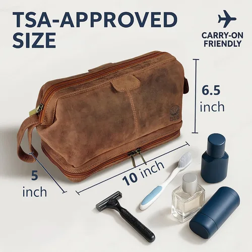 Miniatura 3 de Neceser de cuero para hombre - Kit Dopp para viajes, afeitado, viajes nocturnos, Marrón, M