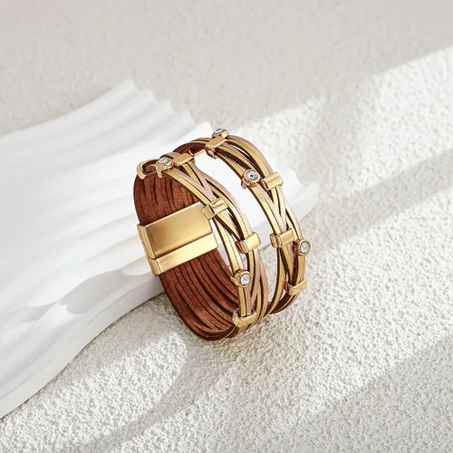 Miniatura 4 de Pulseras de cuero para mujer, estilo bohemio, multicapa, con cuentas de cristal, hechas a mano, apilables, de cuero, joyería