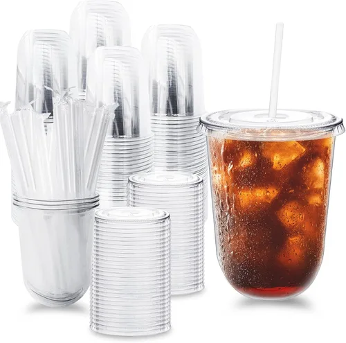 Miniatura 11 de Alaeseje Paquete de 50 vasos de plástico transparente con tapas y popotes, tazas desechables de 12 onzas para café helado, tazas de cristal