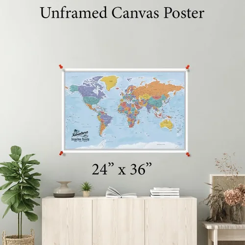 Miniatura 6 de Póster personalizado en lienzo enrollado con mapa del mundo, arte de pared con chinchetas – Grande 24" x 36" mapa del mundo de océanos azules