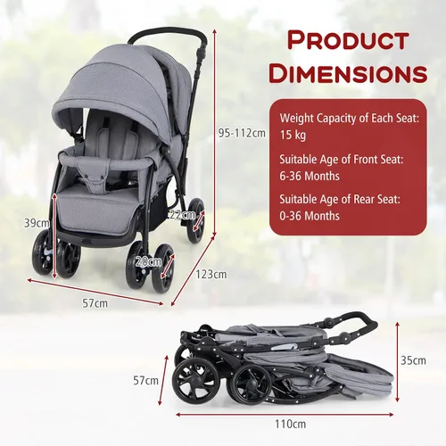 Miniatura 9 de HONEY JOY Cochecito Doble, Plegable Ligero para Bebés Gemelos con Asientos en Tándem, Arnés de 5 Puntos, Asiento Reclinable, Cesta de Gris
