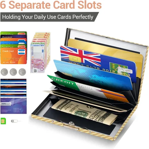 Miniatura 116 de BONSYL® Soporte para tarjetas de crédito, cartera delgada de metal con bloqueo RFID, con 6 ranuras para tarjetas, para mujeres y hombres.