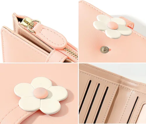 Miniatura 47 de MEISEE Billetera pequeña para niñas y mujeres, billetera de tres pliegues, bolsillo para efectivo, con estampado de flores, monedero con ventana