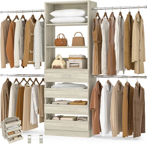 Miniatura 8 de Aheaplus - Sistema de armario, 4 a 9 pies, organizador de armario con 4 cajones de madera, sistema de organizador de armario de madera con torre