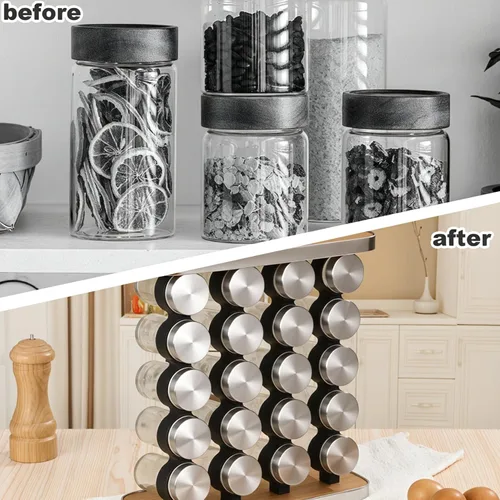 Miniatura 5 de Organizador y almacenamiento de especias - Estante vertical para especias con tarros - Especieros para cocina moderna Plata-20 tarros