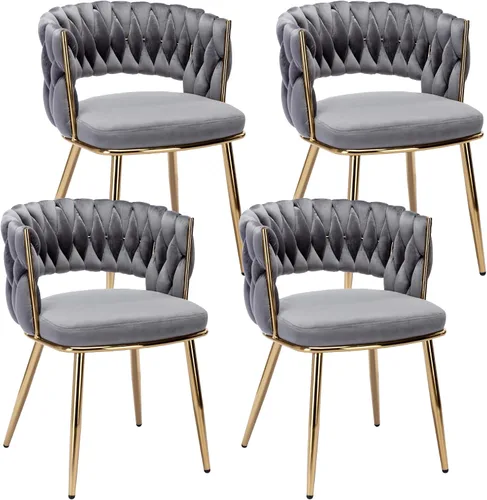 Miniatura 15 de Juego de 2 sillas de comedor tejidas, modernas sillas de comedor tejidas a mano con patas de metal negro, sillas tapizadas con marco negro