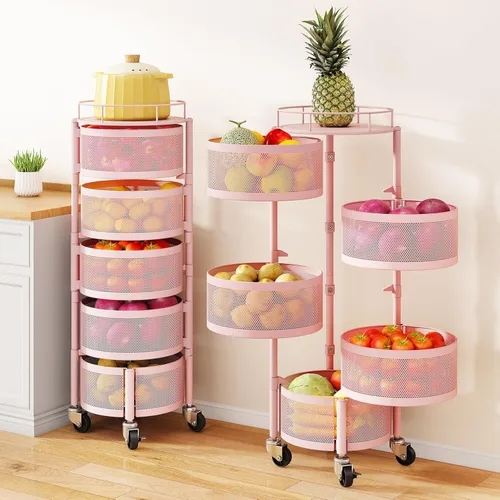 Miniatura 11 de SAYZH Cesta de frutas y verduras para cocina, estante de almacenamiento giratorio, carrito rodante de 5 niveles con tapa superior, ruedas de alambre