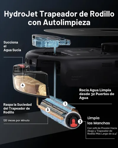 Miniatura 3 de eufy Robot Vacuum E28, succión de 20,000 Pa, mopa con rodillo con sistema HydroJet, alfombra portátil para limpieza profunda, robot aspirador todo