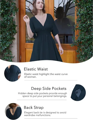 Miniatura 62 de Vestido largo de encaje para mujer de manga corta y cuello en V, vestido de fiesta estilo bohemio con cintura fruncida, vestido bohemio para mujer
