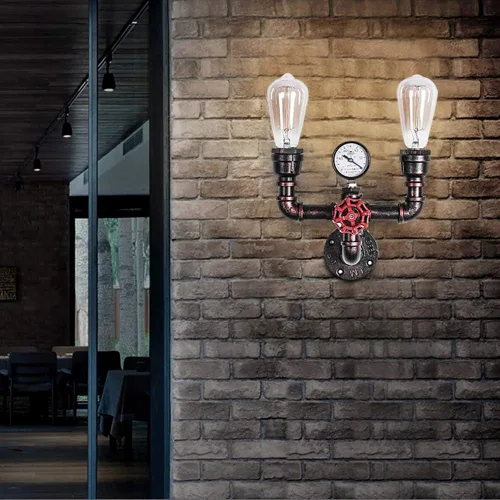 Miniatura 5 de MQ Lámpara de pared de tubería de agua, accesorios Steampunk, 2 luces, montaje en pared, enchufe E26, lámpara de pared rústica vintage para baño