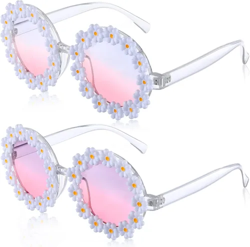 2 pares de lentes de sol de margarita para mujer, gafas redondas de flores para adultos y niños, decoración con gafas de tela bolsa de franela
