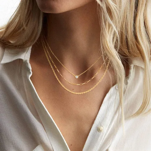 Miniatura 4 de CHESKY - Collares de oro escalonados para mujer, cadena delicada de 14 quilates, diseño de eslabones cubanos a la moda, con cierre de círculo